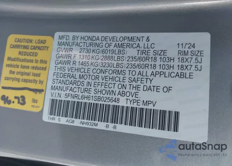 2025 Honda Odyssey Ex-L из США, поврежденный, VIN 5FNRL6H61SB025648